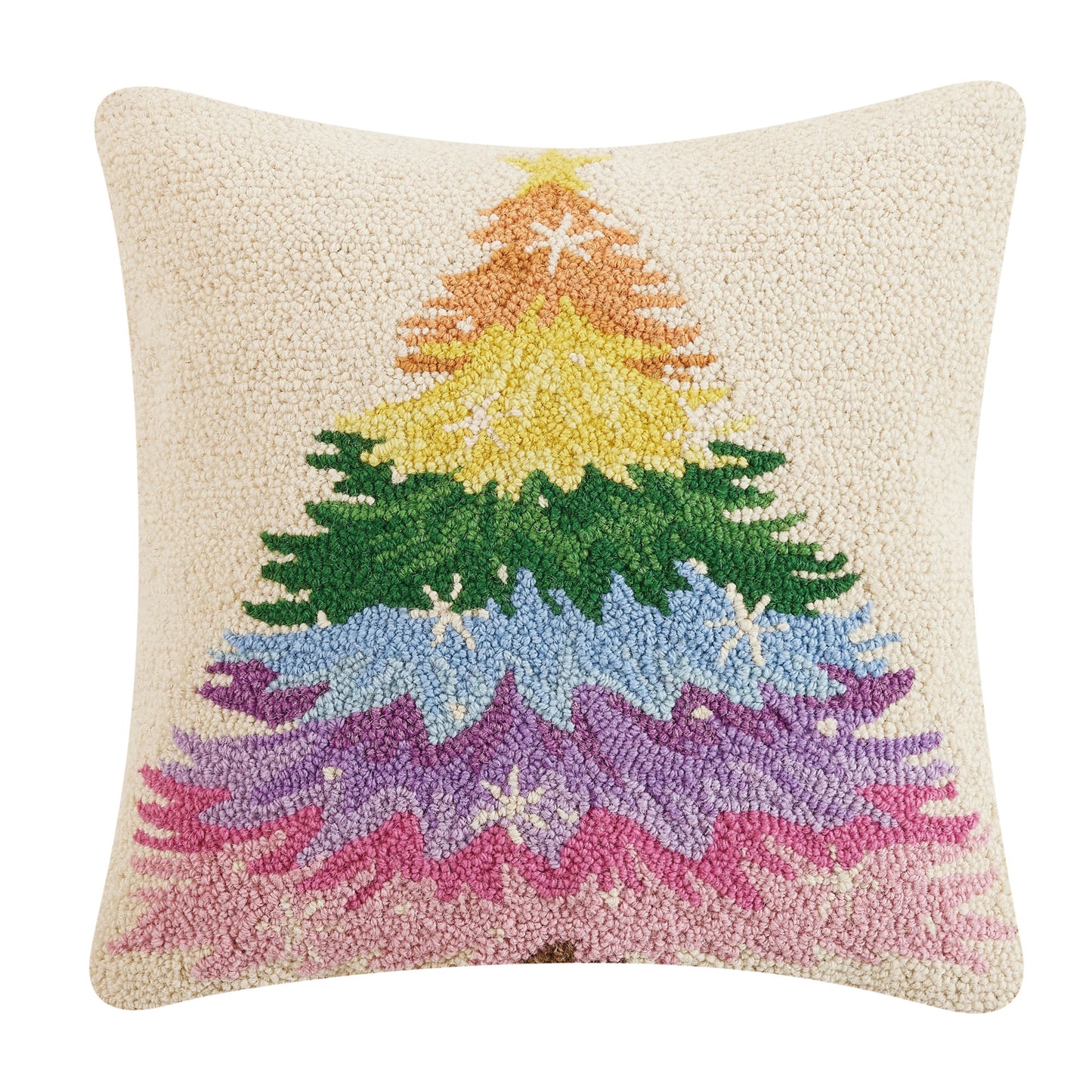 Tiered rainbow colored Christmas tree, on beige pillow, with sparkles