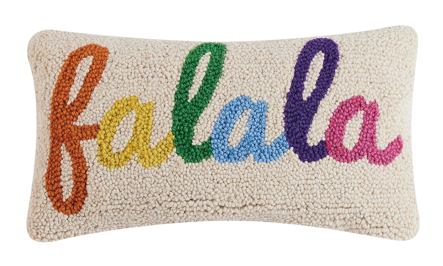 Beige Wool hooked pillow with “fa la la” cursive rainbow colored letters