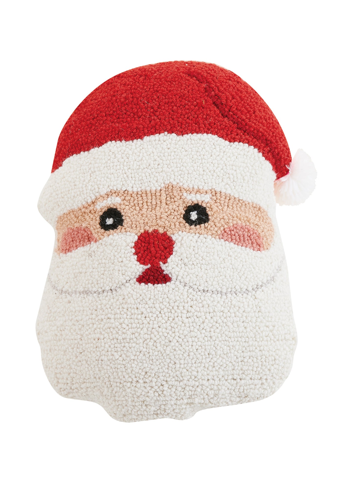 Wool accent pillow shaped like Santa’s face with red nose and hat