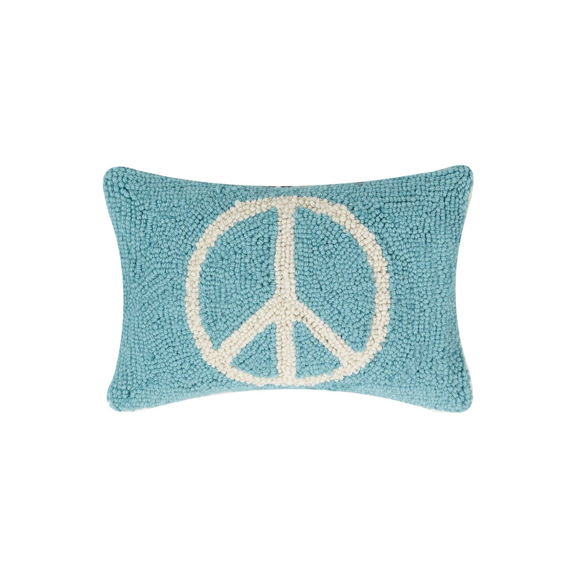 Cool blue wool hooked lumbar shaped pillow with peace design displayed in white across the center