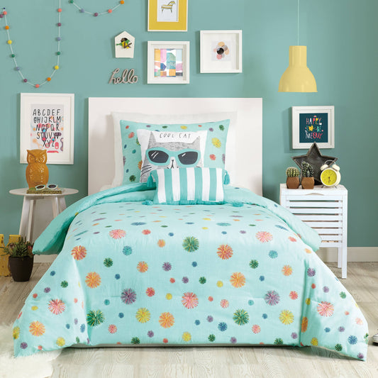 Bright youth bedroom featuring turquoise comforter with rainbow colored pom design throughout and layered decorative pillows.