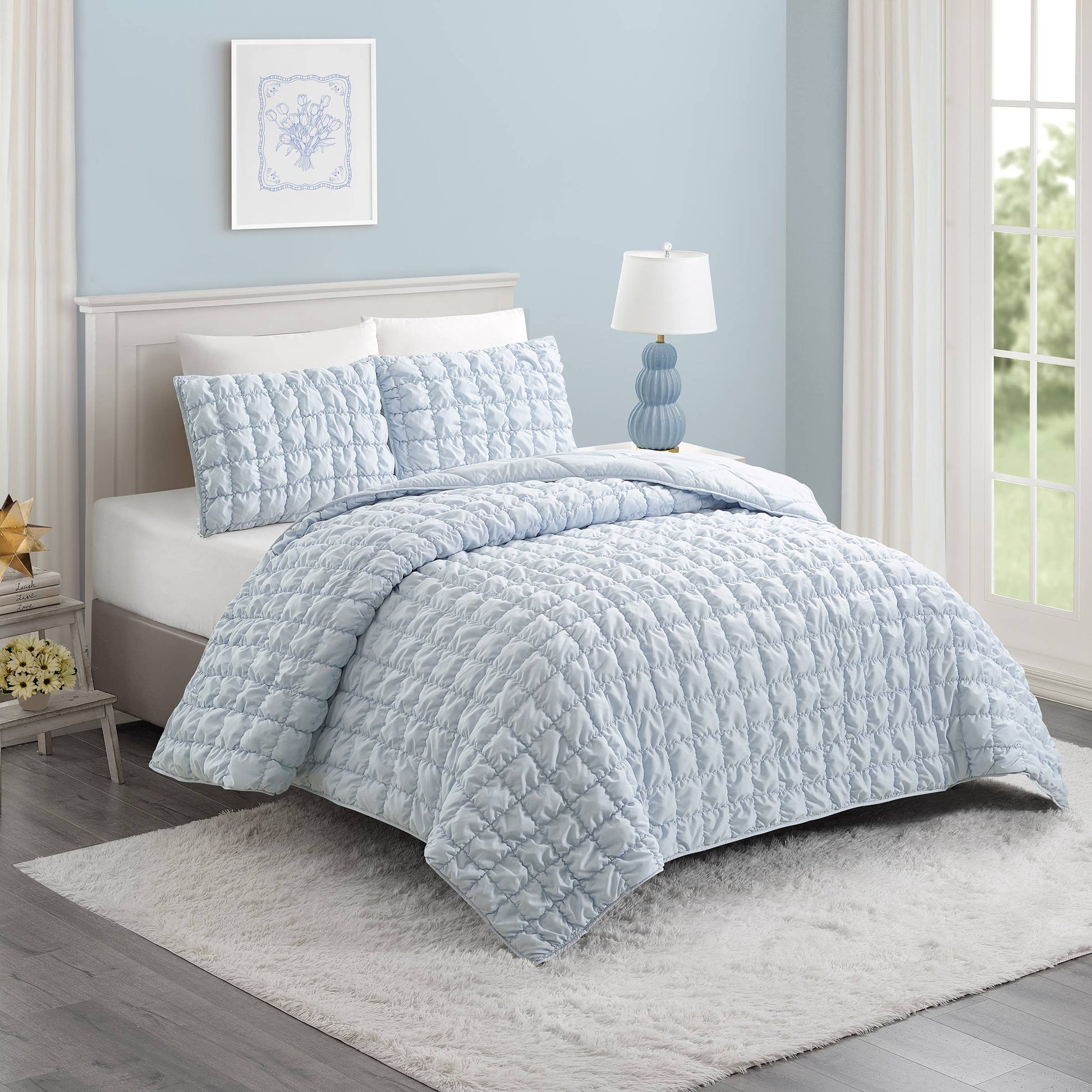 Perfectly cushiony cloud like quilt with puffed channel stitching in sky blue
