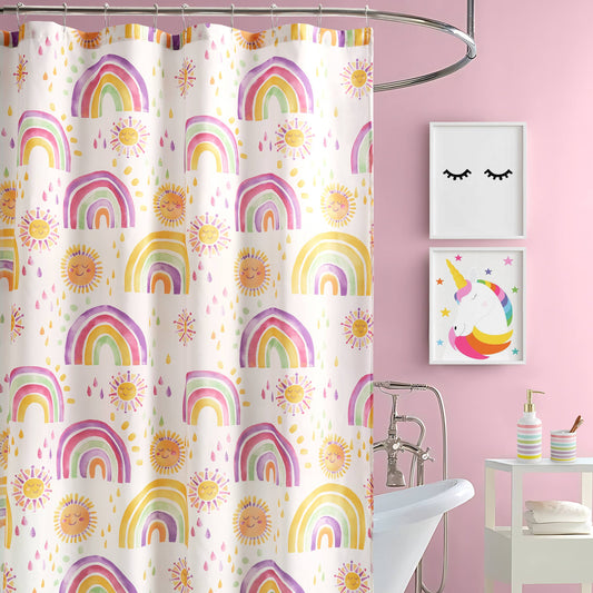 Fun, inspiring shower curtain adorned with rainbow and fun motifs