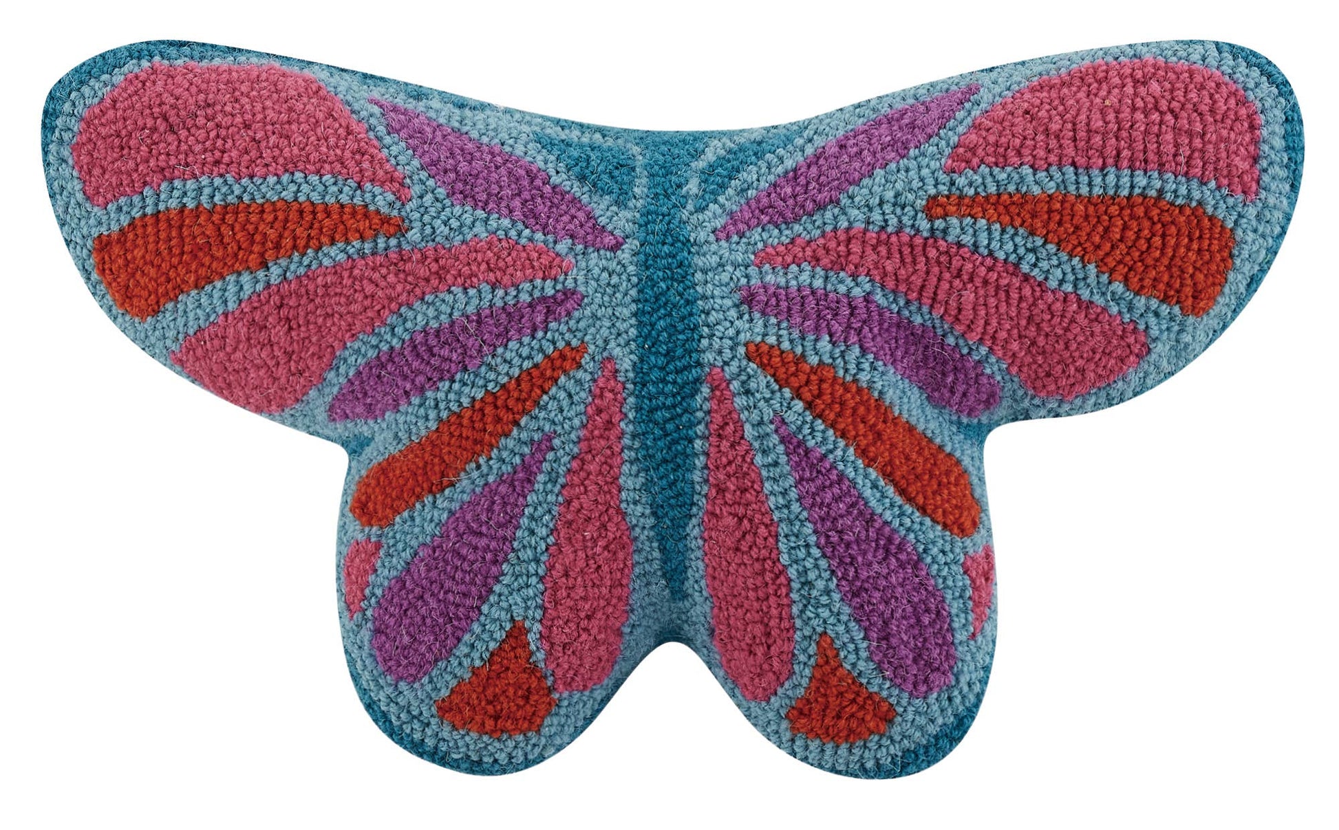 Multi-colored wool hooked butterfly shaped pillow with blue base and bright pink and red accents