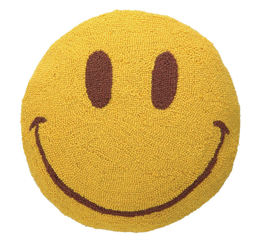 Iconic yellow smiley face design across round throw pillow 