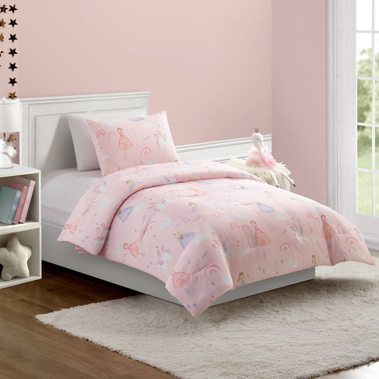 Fairytale themed bedding adorned with dainty princesses across soft pink comforter