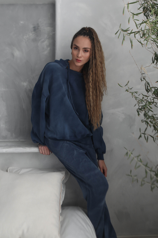Ultra cool hoodie in vintage indigo color on cotton fabric with unique bleached design