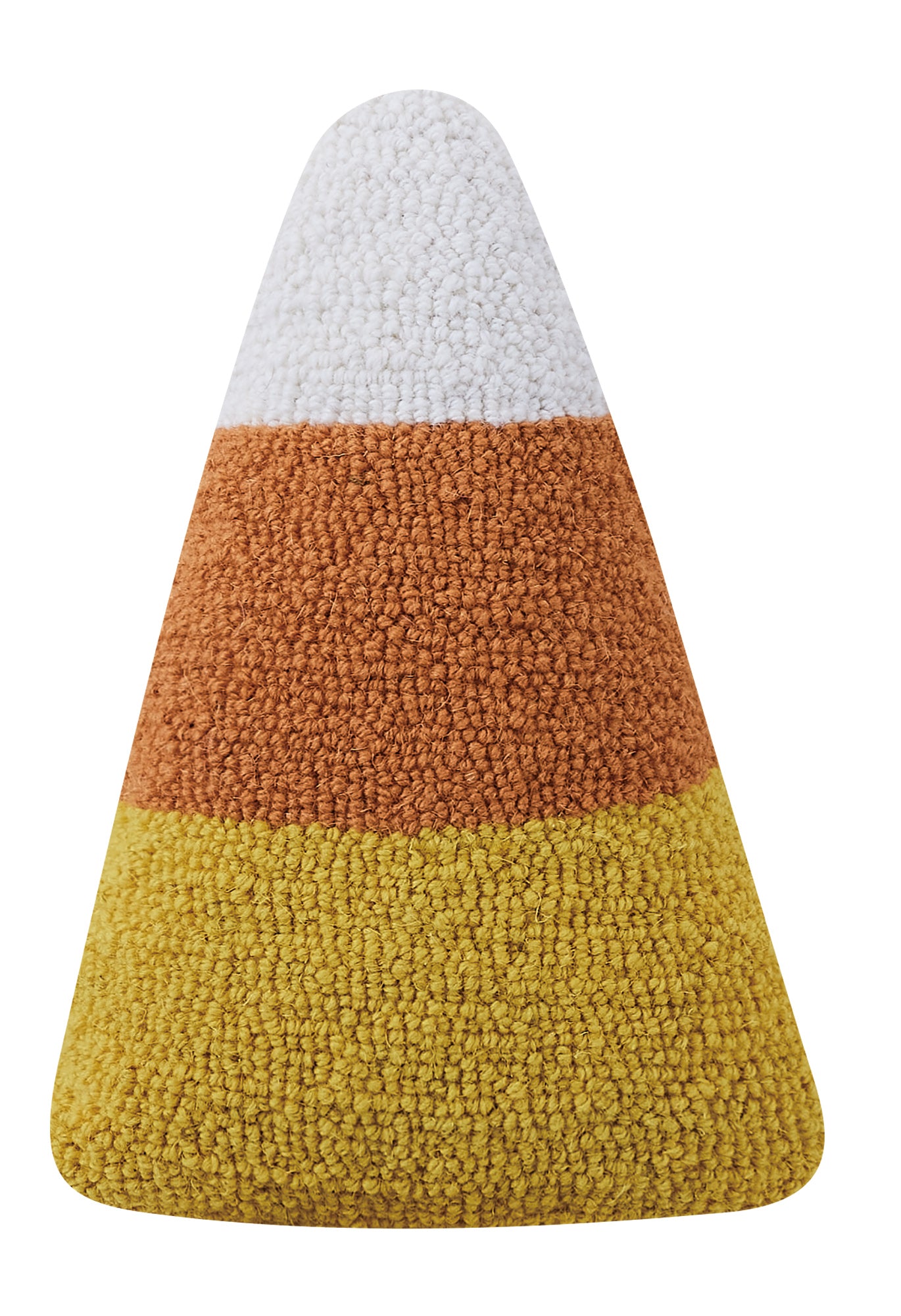 Candy corn-shaped pillow with white, orange, and yellow stripes on a white background for Fall and Halloween decor
