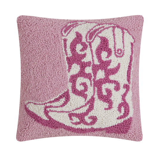 Pink wool hooked pillow with dazzling pink and white western boots featuring life-like piping detail.