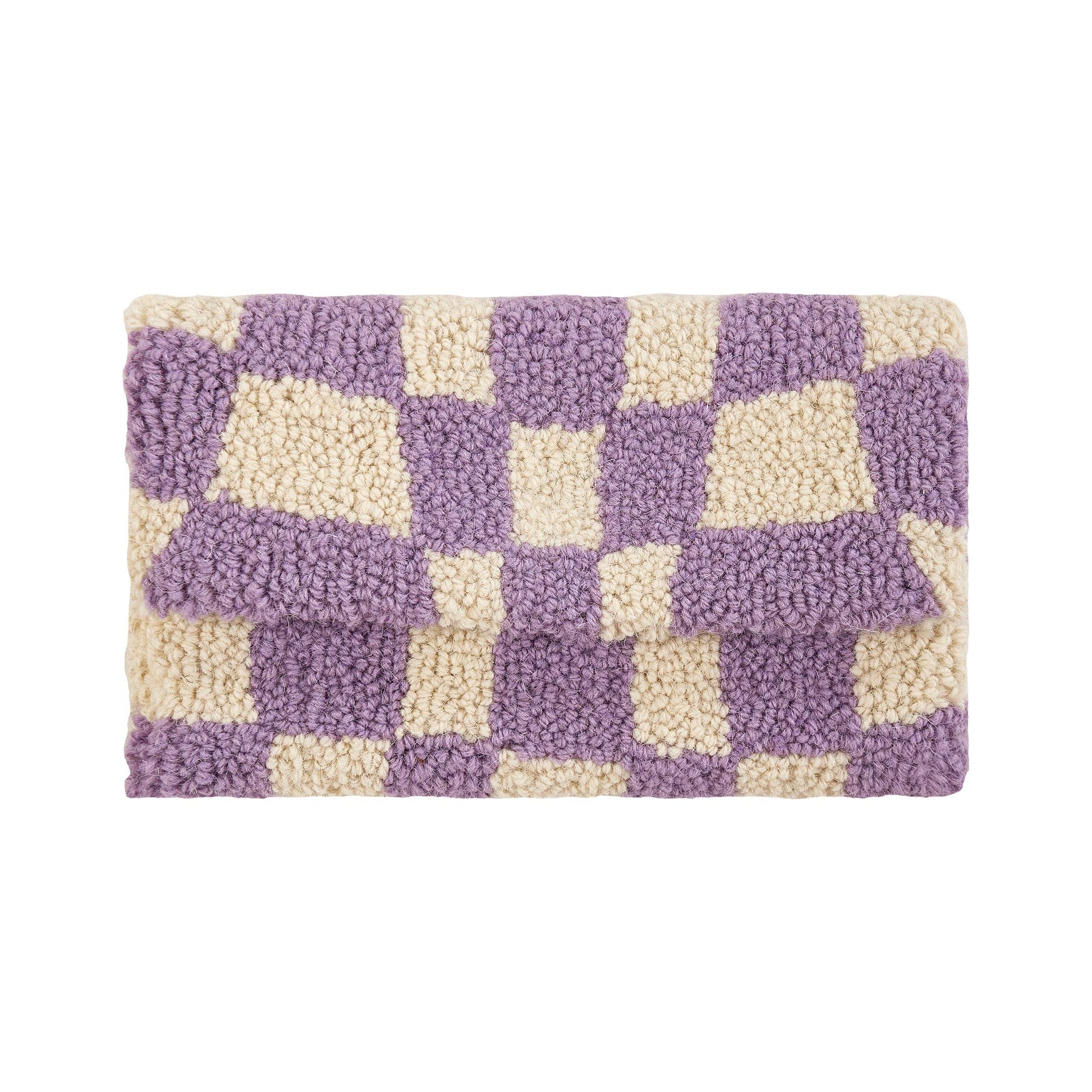  Chunky, checkered clutch featuring unique purple and white asymmetrical design against wool fabric