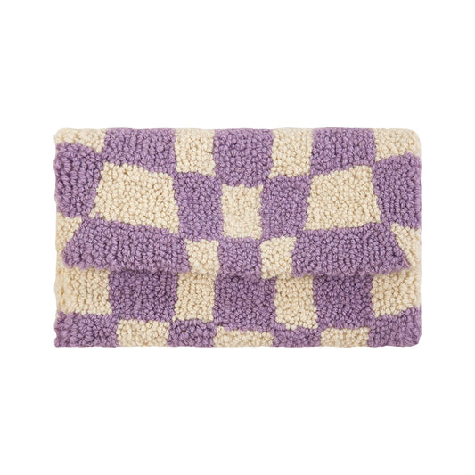  Chunky, checkered clutch featuring unique purple and white asymmetrical design against wool fabric