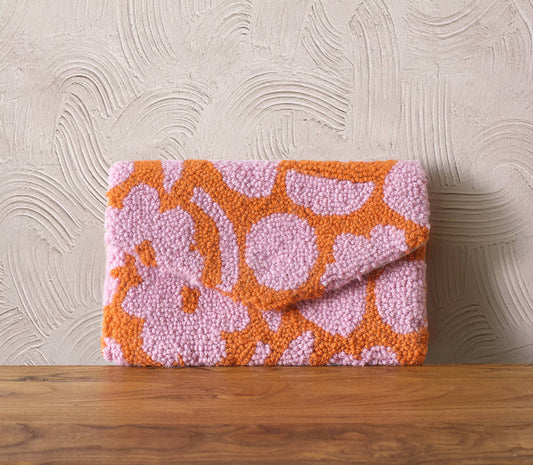 Soft pink and orange clutch with abstract, deco print on wool fabric with magnetic closure