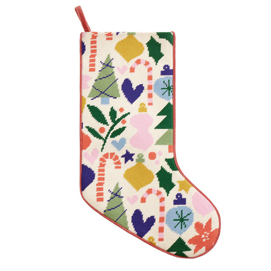 Colorful Christmas stocking with geometric patterns of various Christmas motifs and icons on a white background