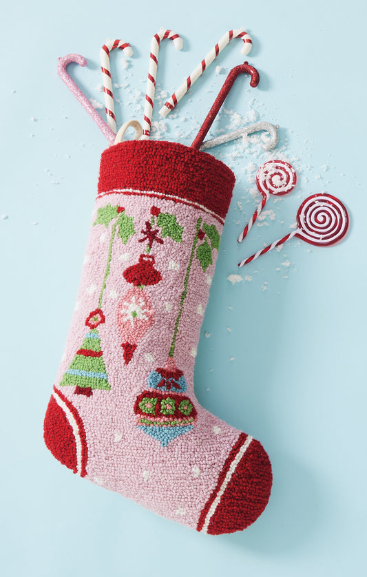 Pink and red Christmas stocking with ornament design