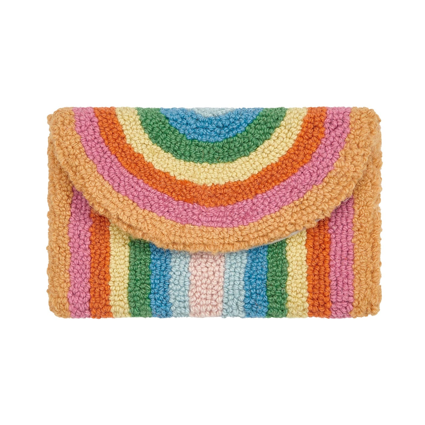 Groovy wool hooked clutch with textured, repeating pastel rainbow design