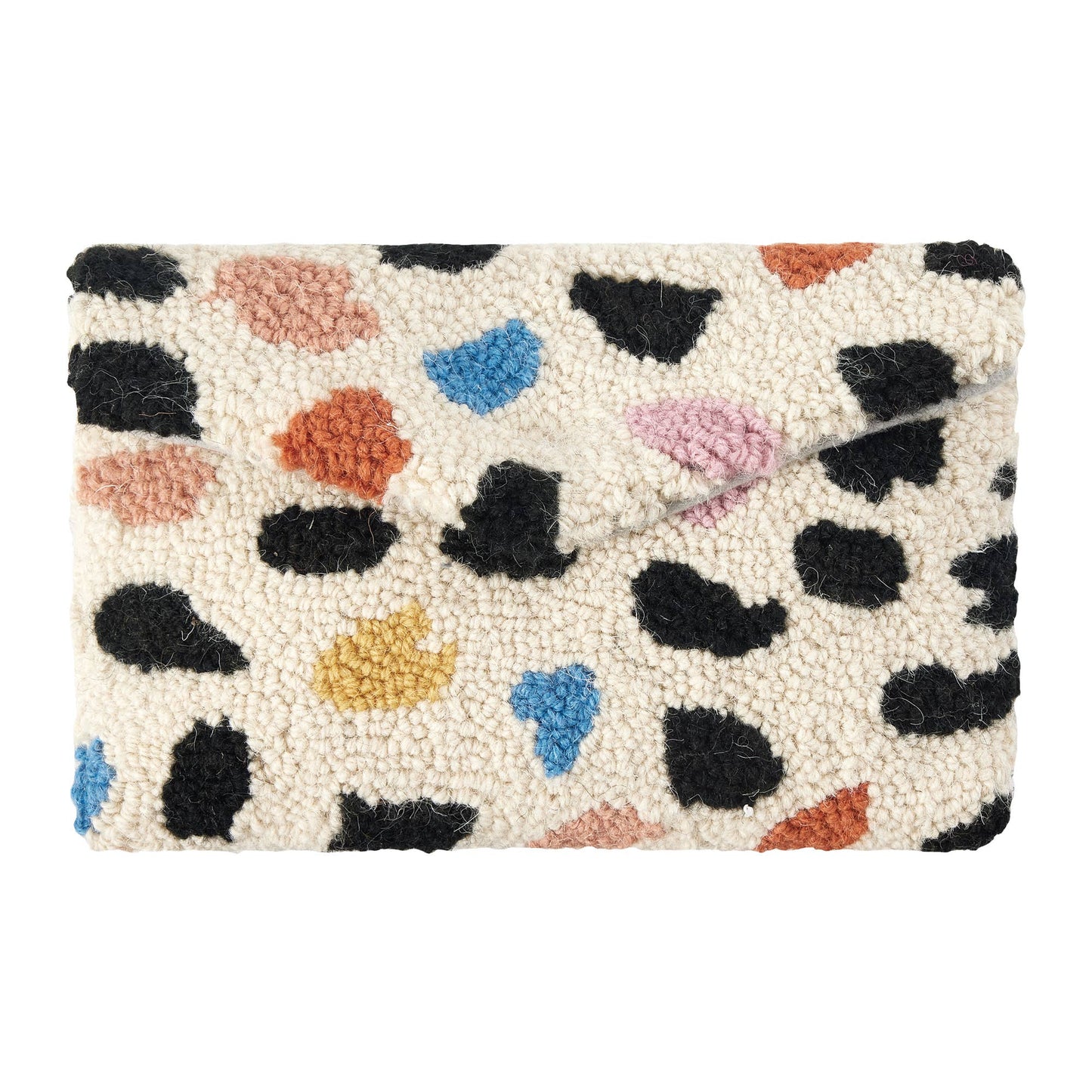Wool clutch with fun multi-colored spotted design against cream fuzzy base.