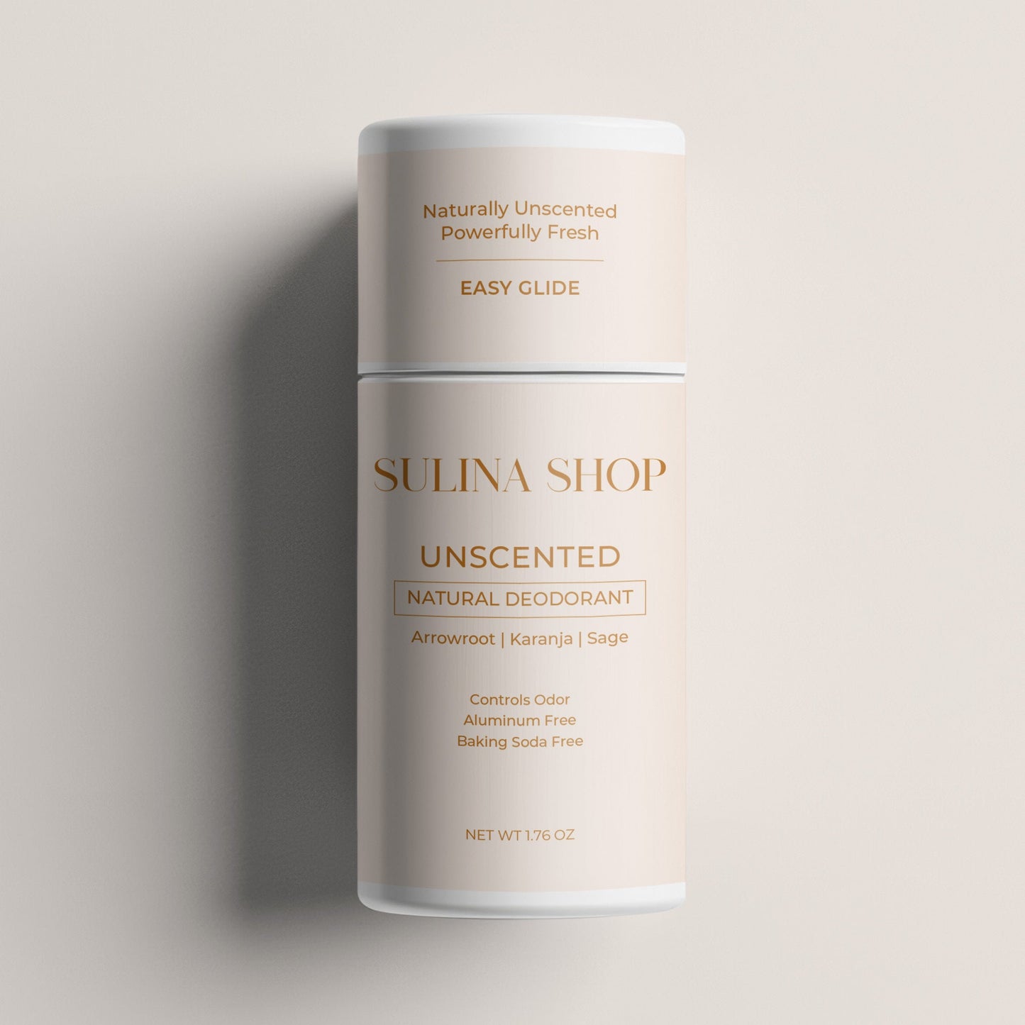 Gentle, unscented stick deodorant with aluminum-free and natural ingredients in clean packaging