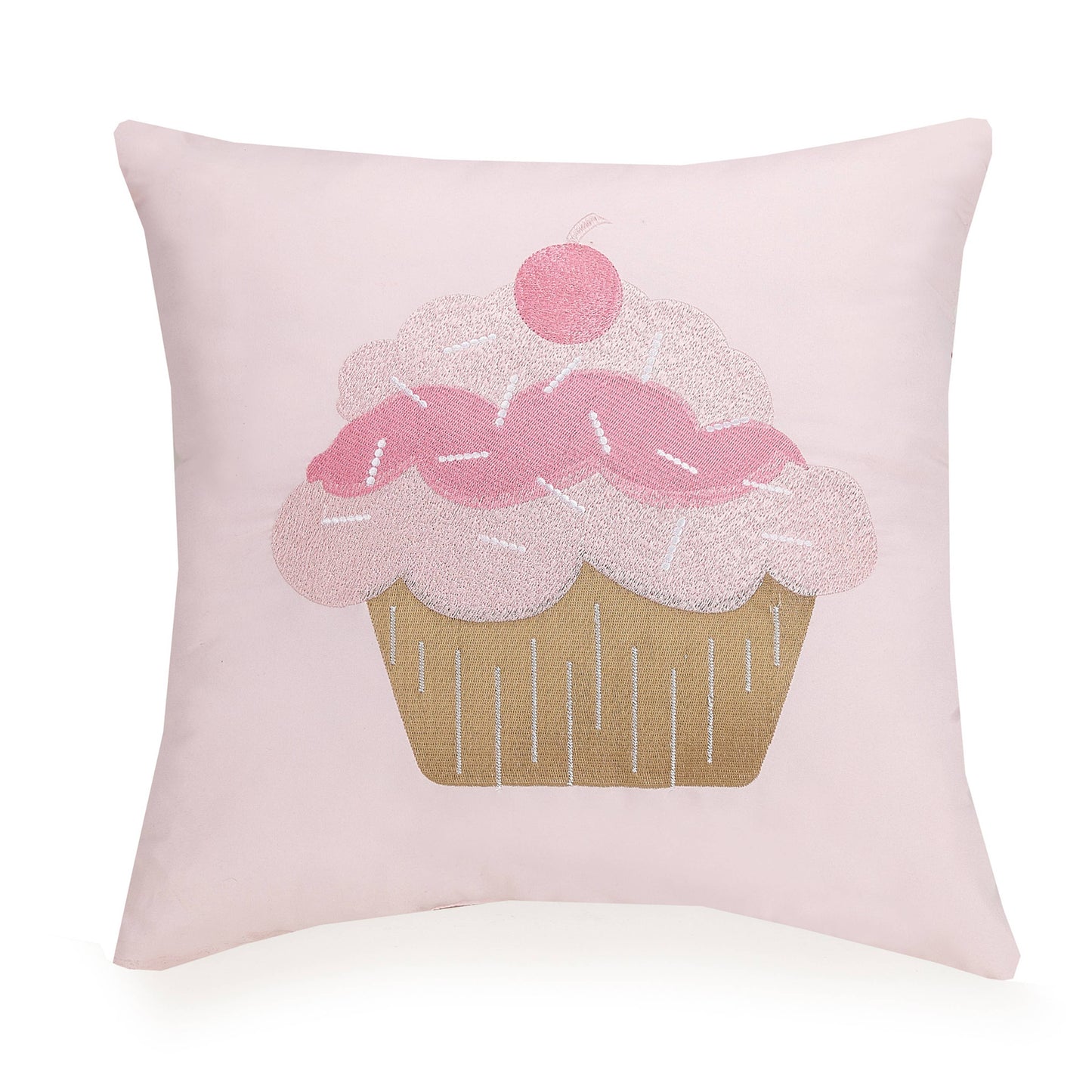 Pink pillow with embroidered cupcake design included in Helaine Quilt Set