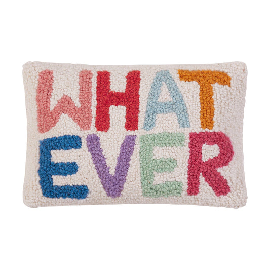 Wool accent pillow with fun, novelty saying, “whatever” in all caps and pastel rainbow colors