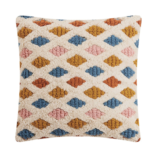 Classic cream pillow with soft multicolored geo shapes throughout.