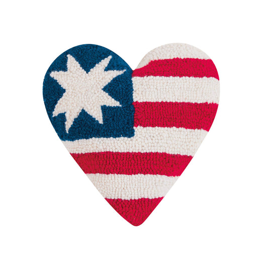 Heart shaped wool throw pillow with bright, red, white and blue American flag inspired design