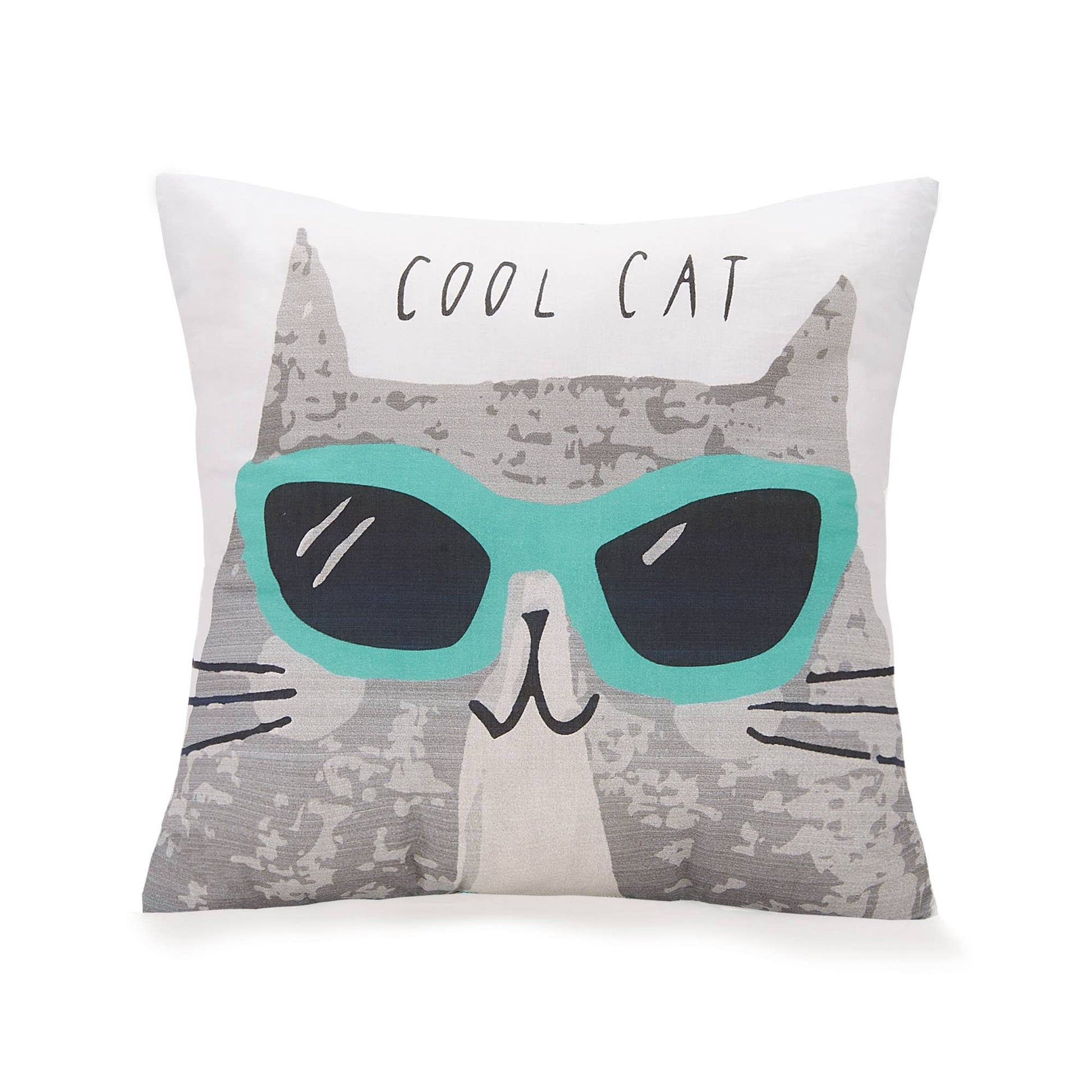 White “Cool Cat” pillow with gray cat wearing turquoise sunglasses