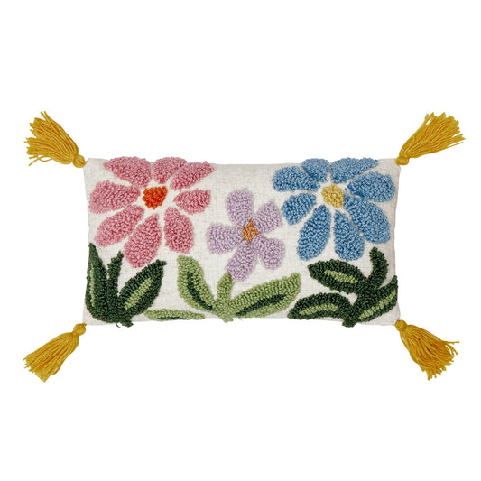 Sweet and dainty flower trio with raised, life-like wool hooked design on lumbar pillow with yellow tassels