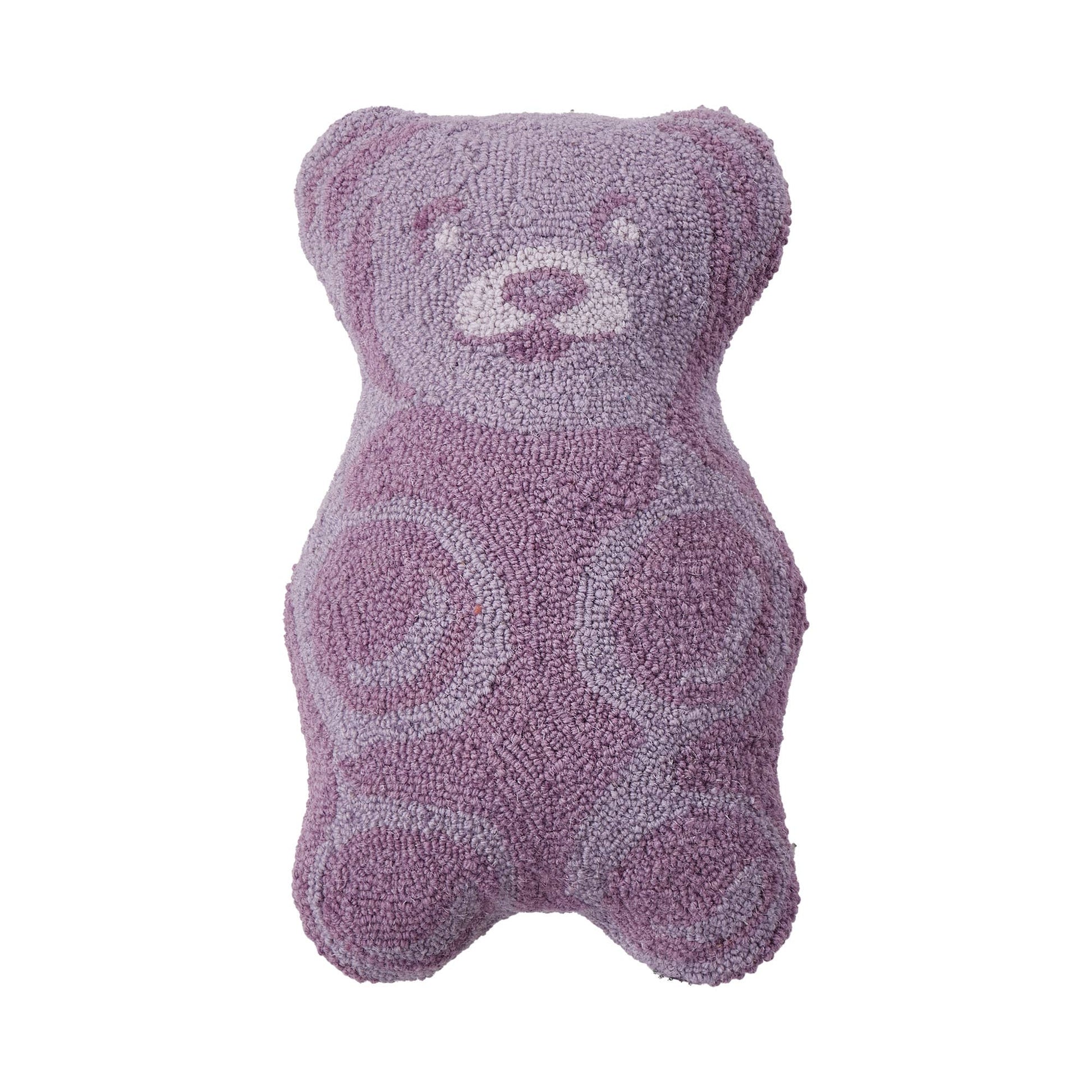 Adorable wool hooked gummy bear shaped pillow dipped in purple flair