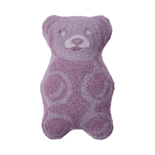 Adorable wool hooked gummy bear shaped pillow dipped in purple flair