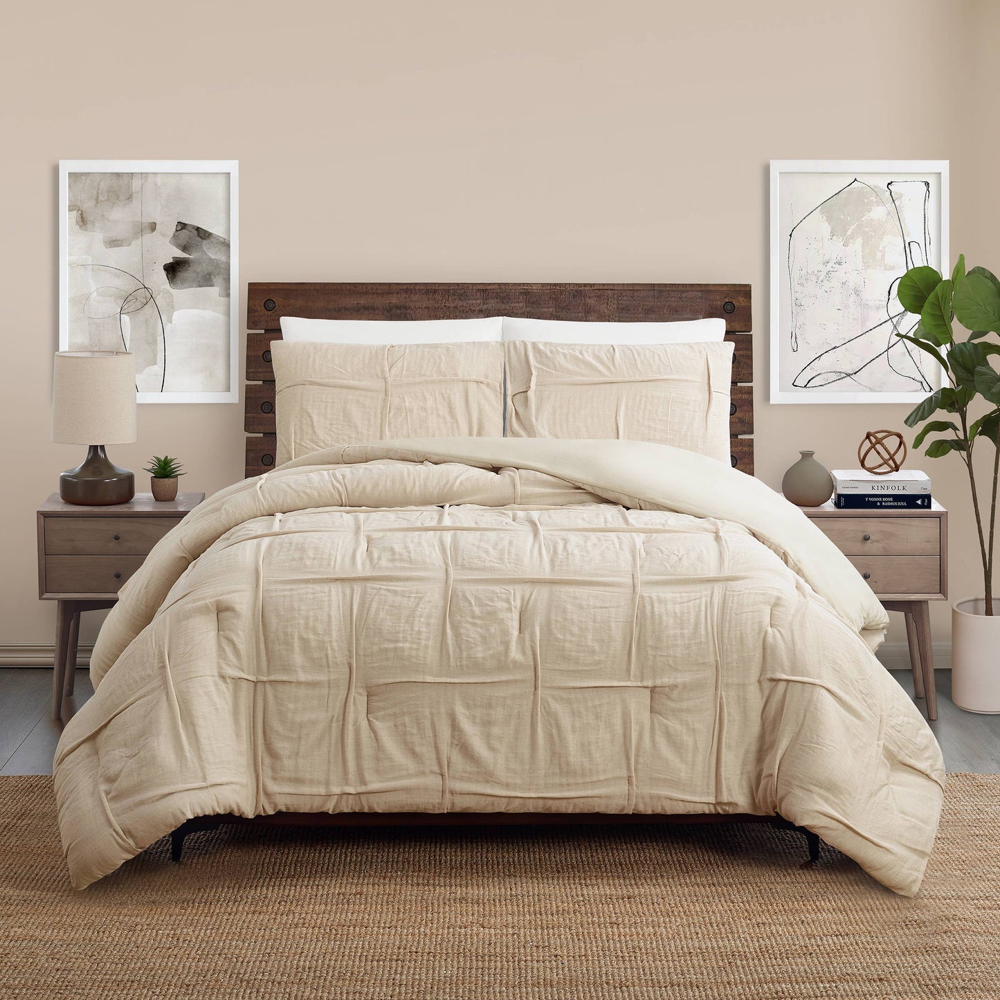 Contemporary bedroom featuring luxurious pleated comforter with natural color and cream colored reverse.