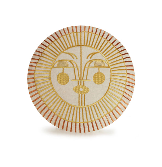 Boho chic throw pillow embroidered with sun design featuring yellow and bronze colored rays and soft brown center