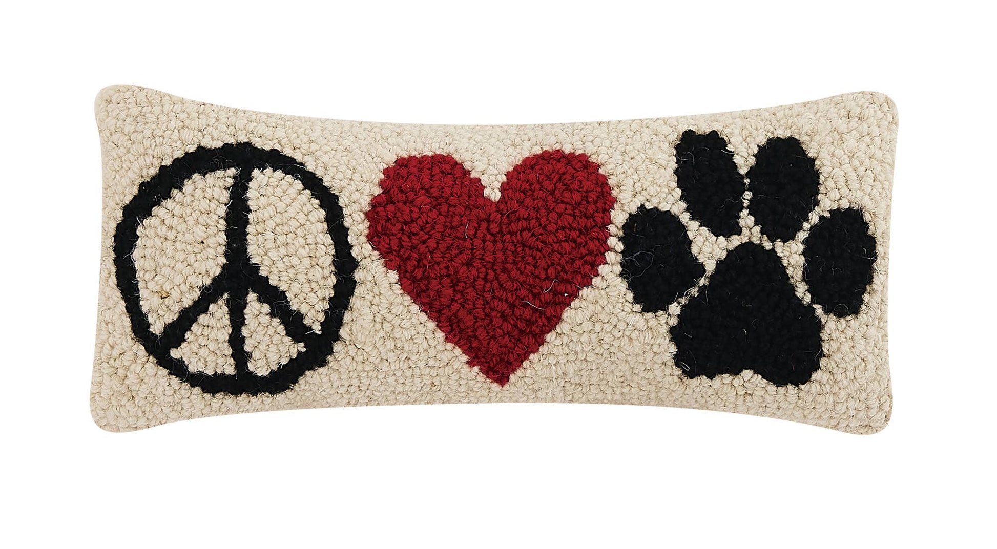 Cream wool hooked pillow with black and read motifs symbolizing the phrase “peace, love and paws.”