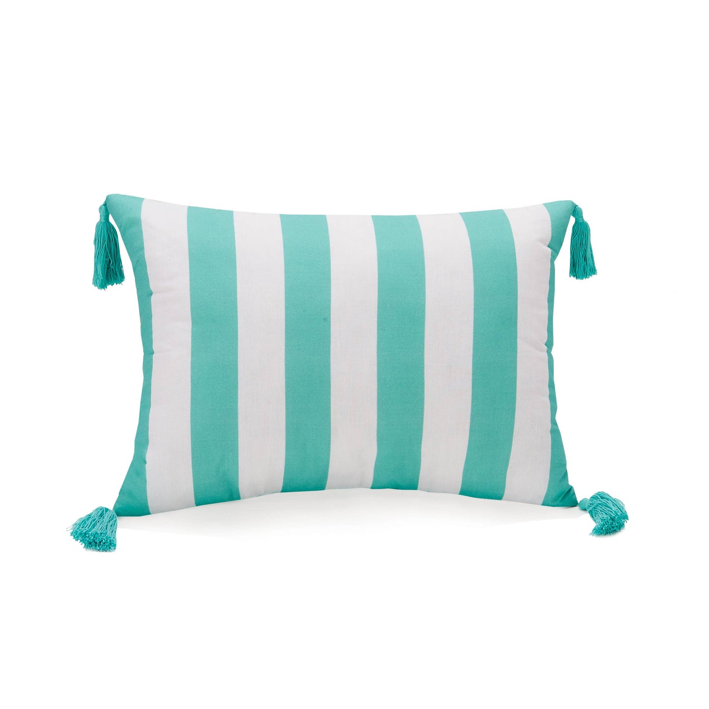 Decorative turquoise and white pillow with tassels