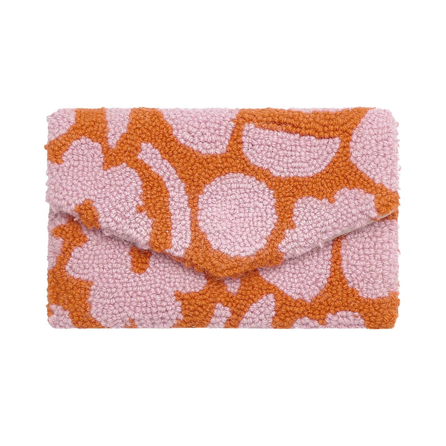 Groovy wool hooked clutch with pink and orange abstract floral design