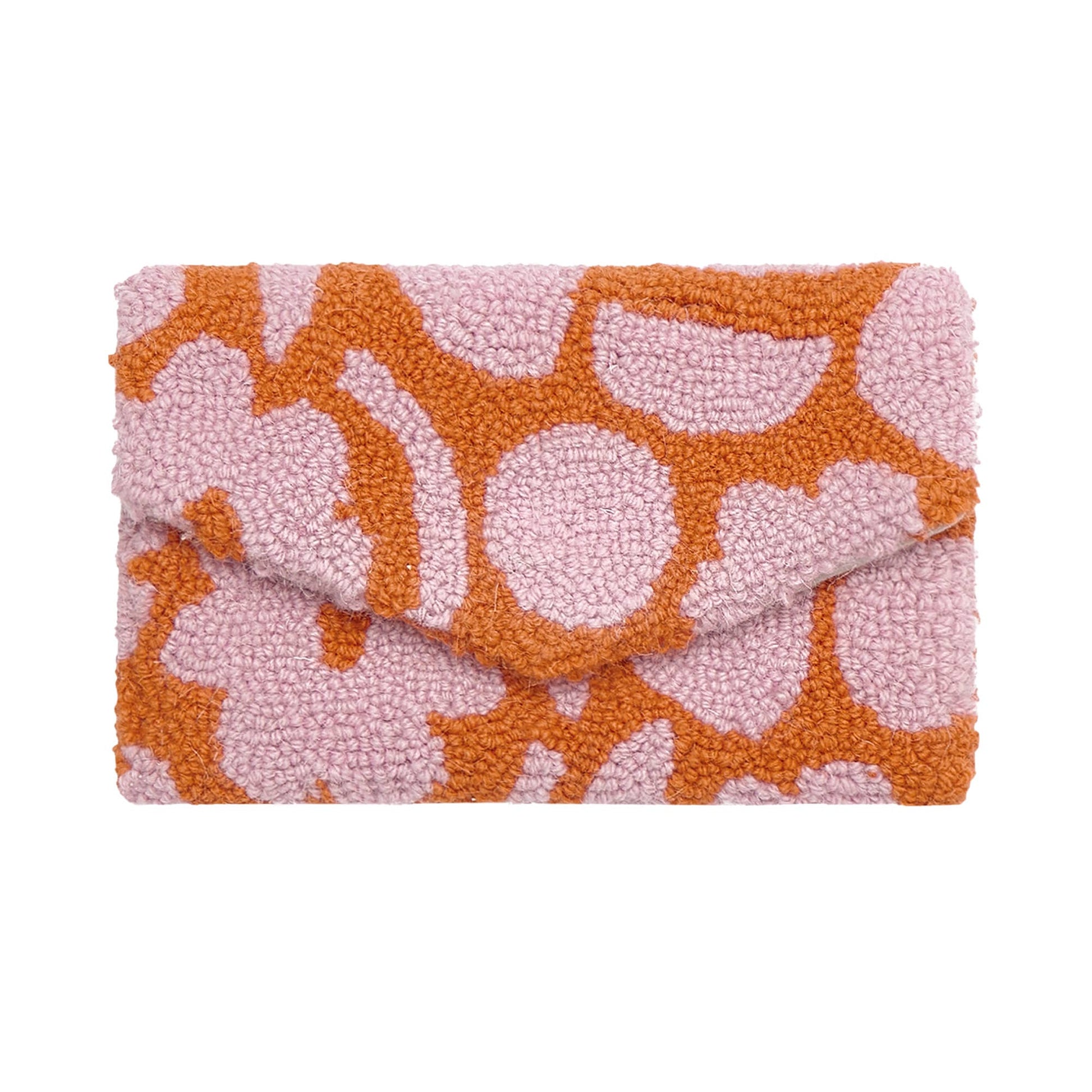 Groovy wool hooked clutch with pink and orange abstract floral design