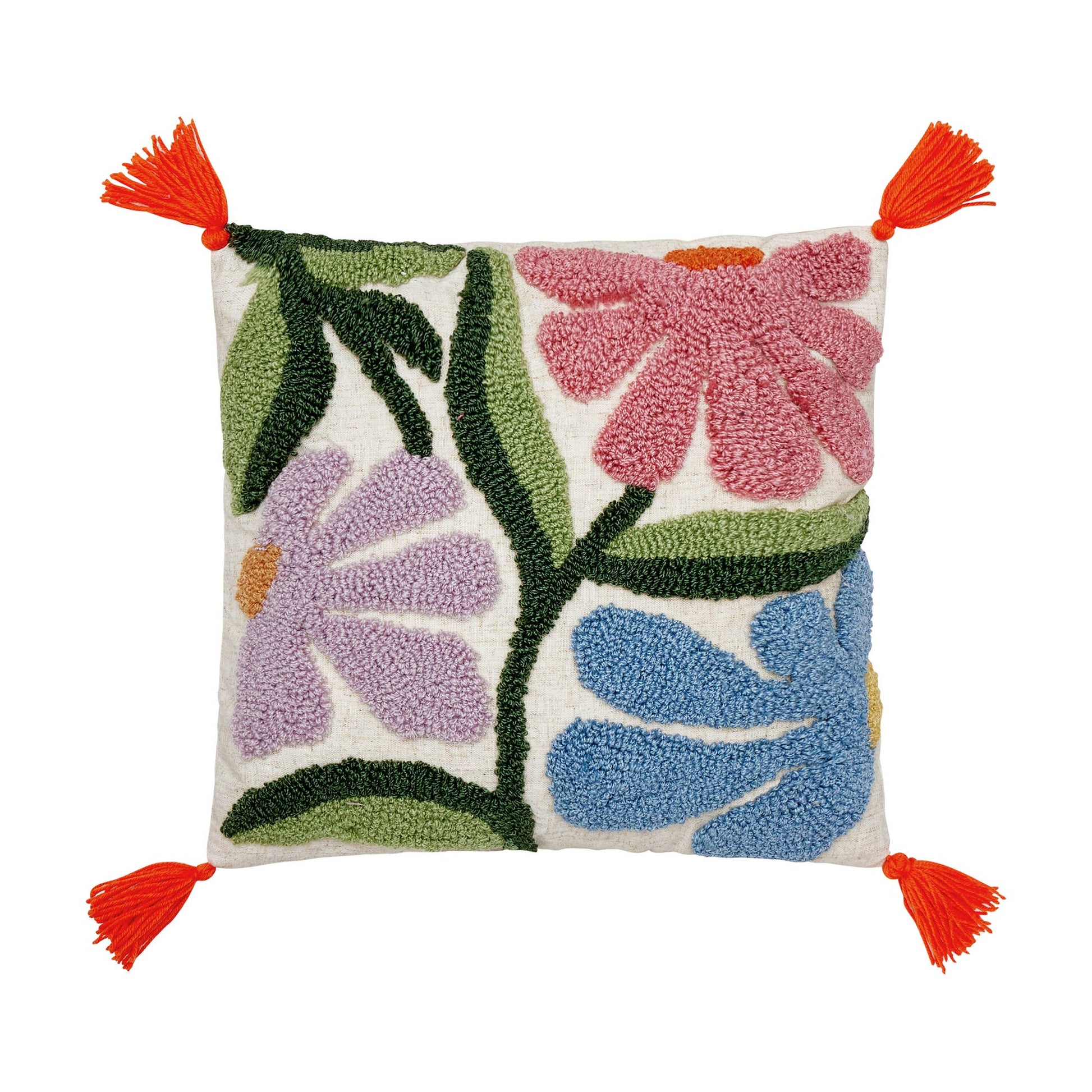 Throw pillow featuring classic flower trio with detailed wavy wool hooked design and bright orange tassels