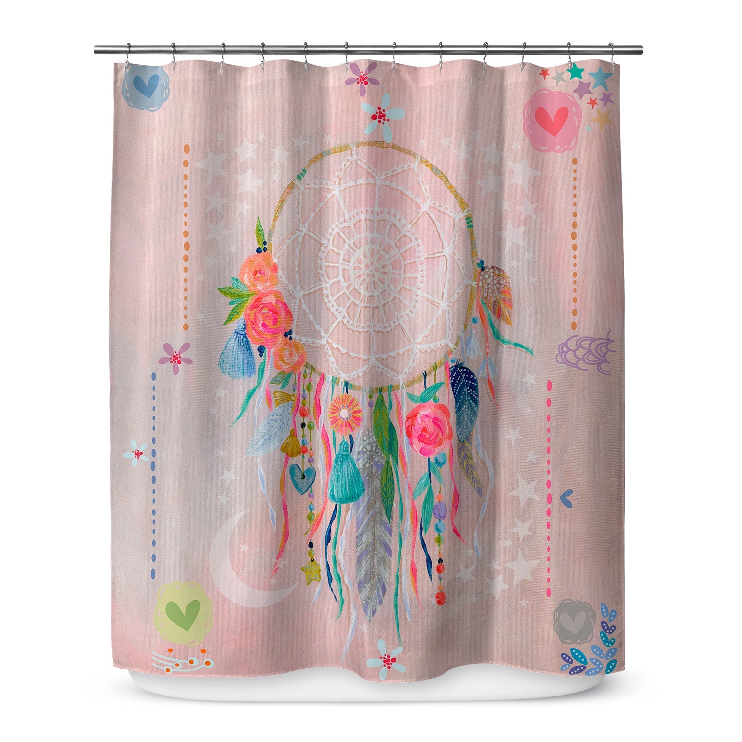 Girl’s washable shower curtain with printed, pink dreamcatcher design.