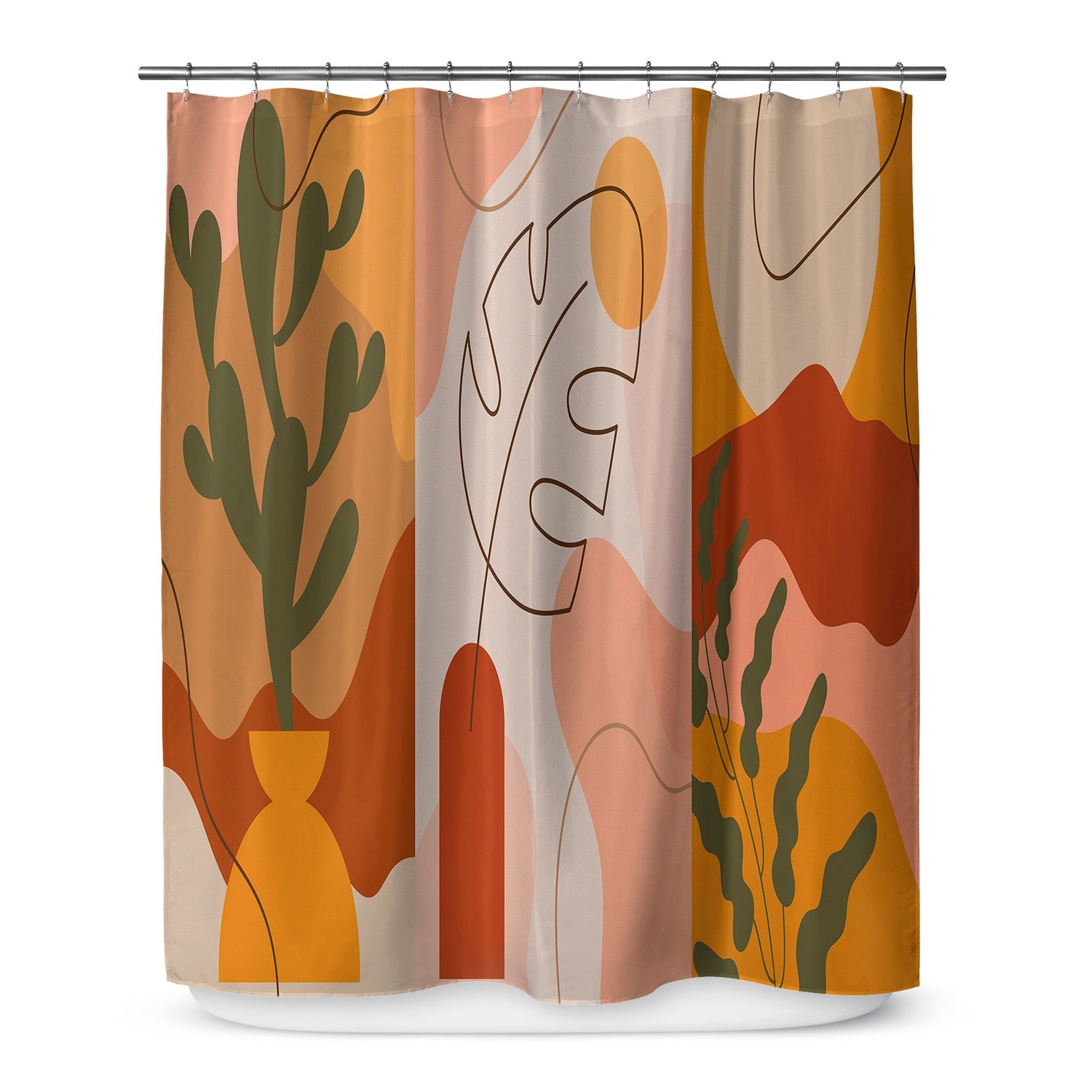 Printed shower curtain displaying multicolored Boho desert theme.