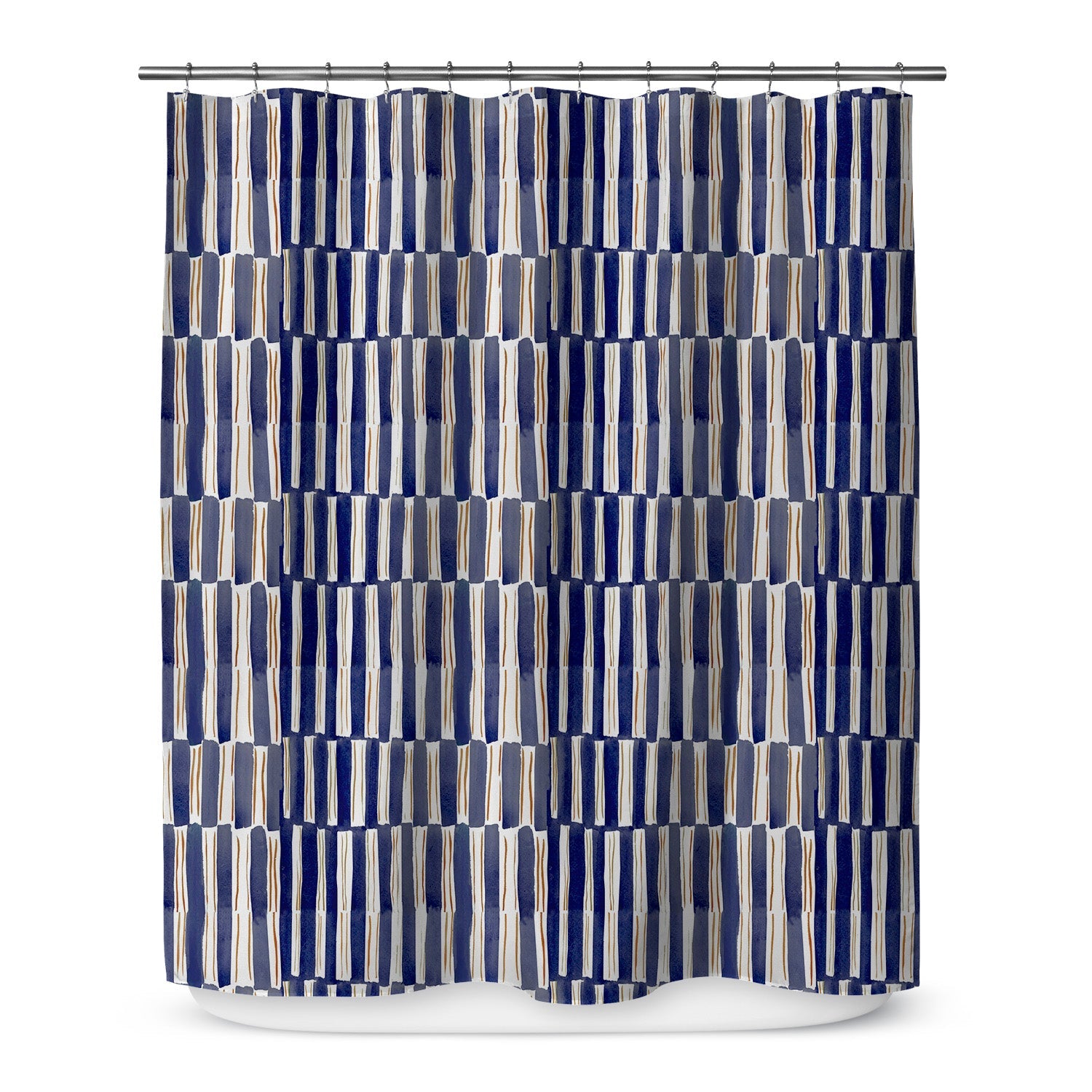 Hanging microfiber shower curtain with wavy blue and white striped design.