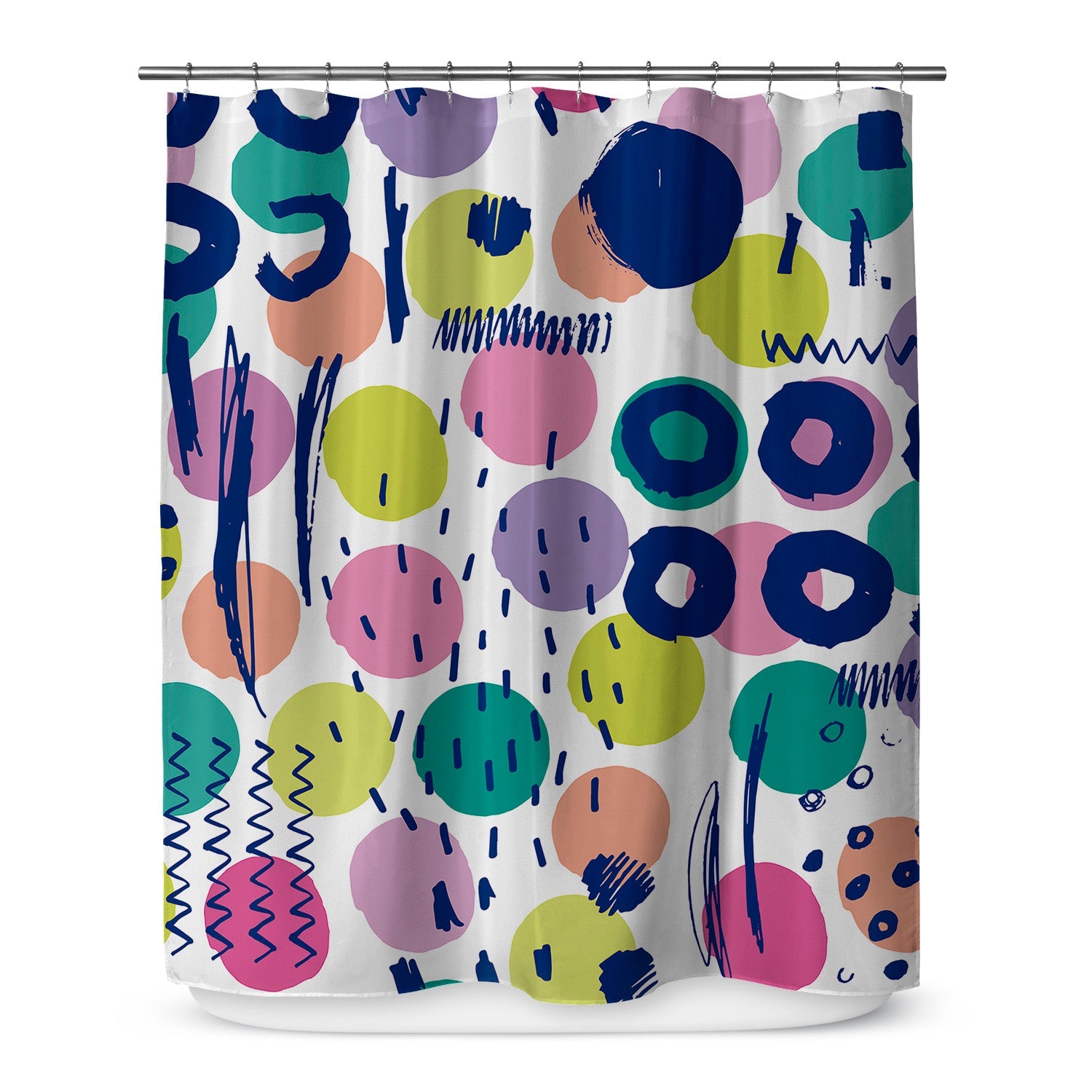 Kid’s printed shower curtain with bright, multicolored circles and doodles pattern.