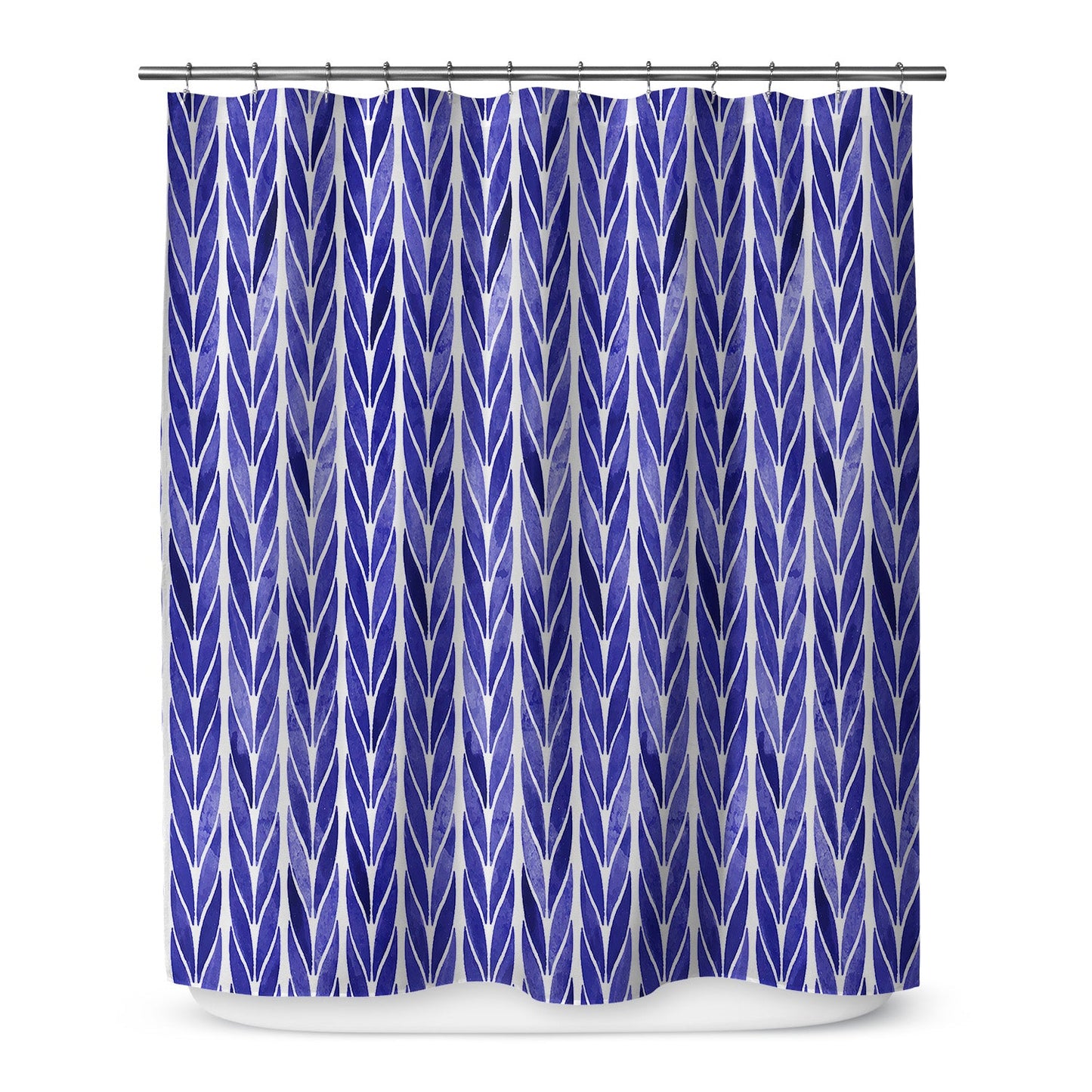 Hanging shower curtain with beautiful printed violet flower vine design.