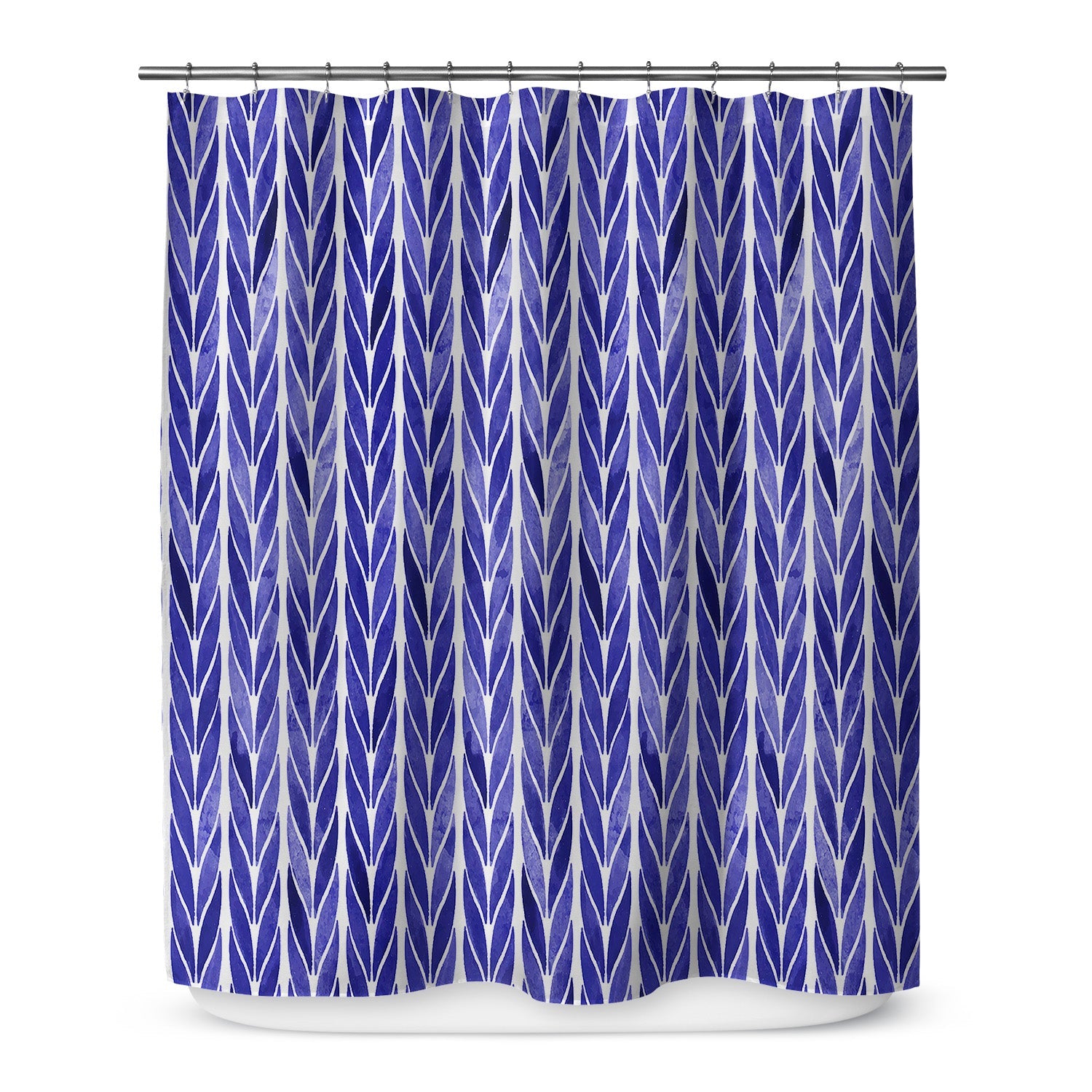 Hanging shower curtain with beautiful printed violet flower vine design.