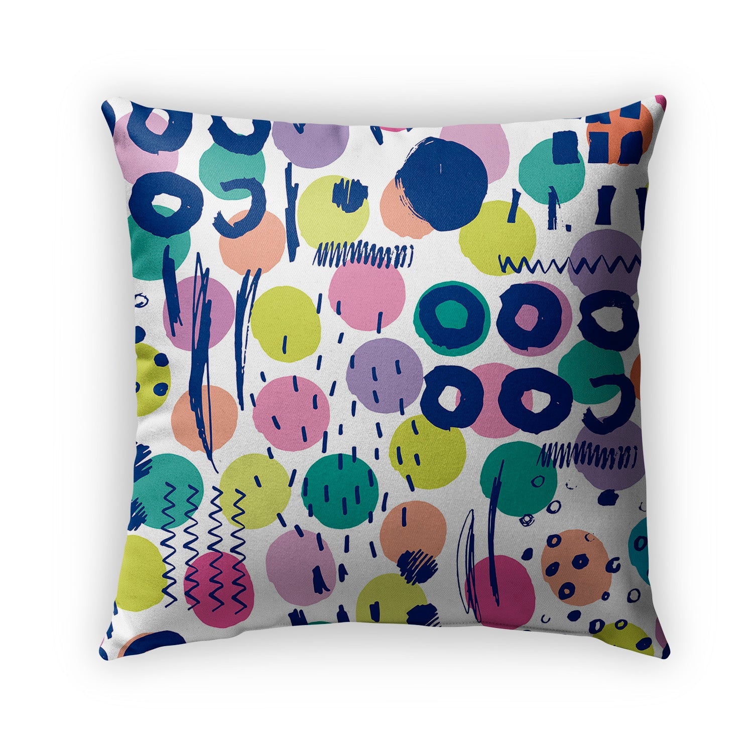 Kid’s accent pillow with multicolored, printed circles and lines design.