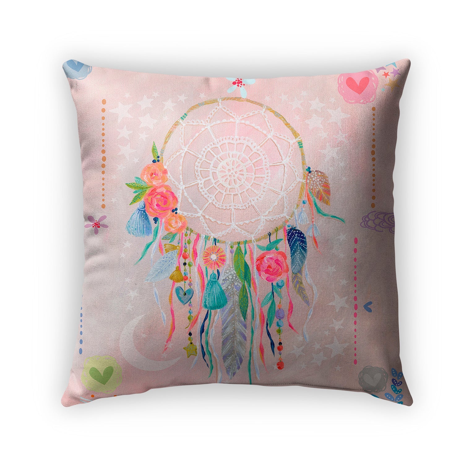 Girl’s printed accent pillow with pink dreamcatcher design.