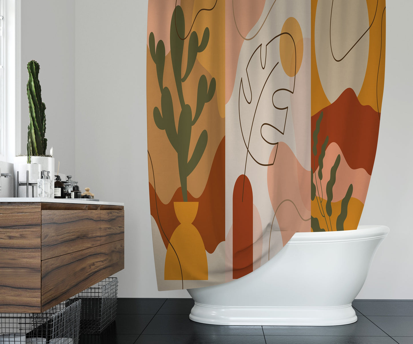 Clean bathroom featuring washable shower curtain with neutral colored desert theme.