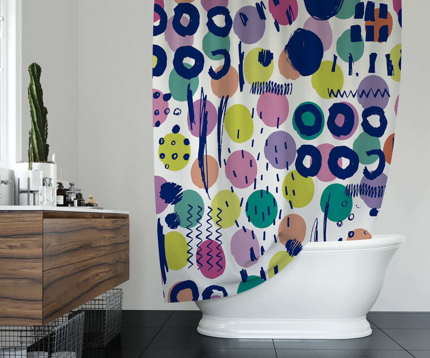 Kid’s washable shower curtain with bright, multicolored circles and doodles pattern.