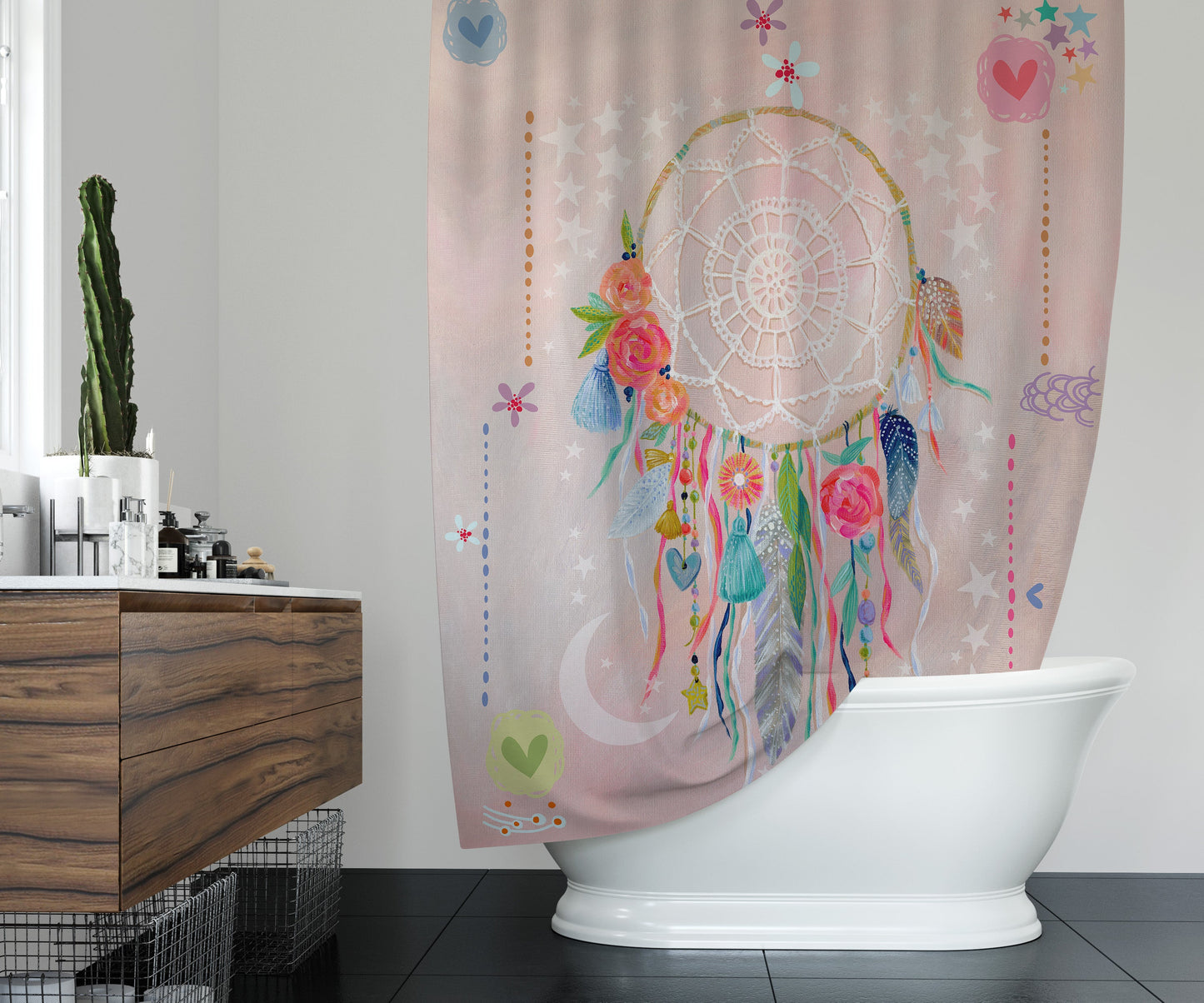 Printed shower curtain with printed, pink dreamcatcher design.