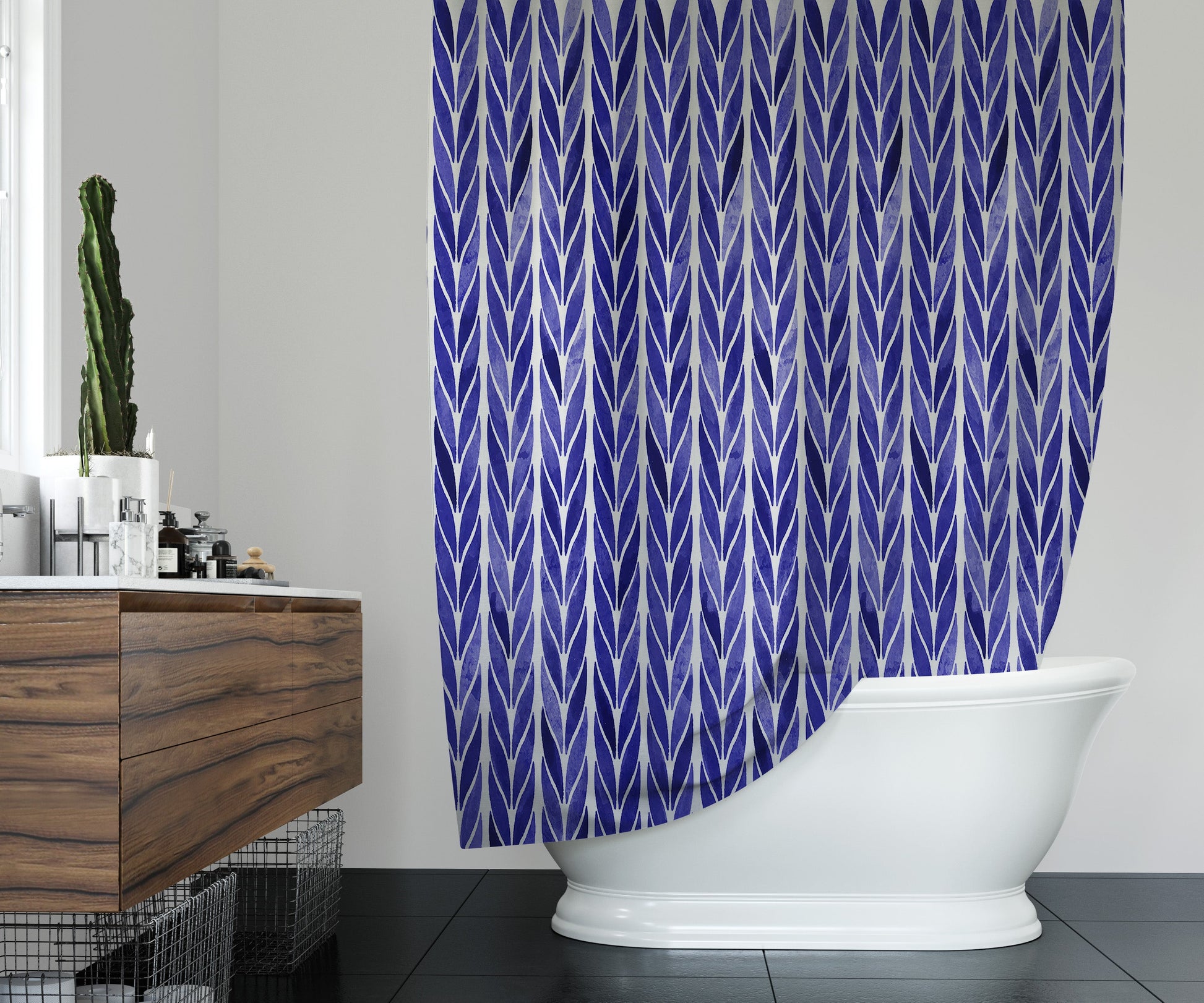 Organized bathroom featuring washable shower curtain with sapphire vine design.