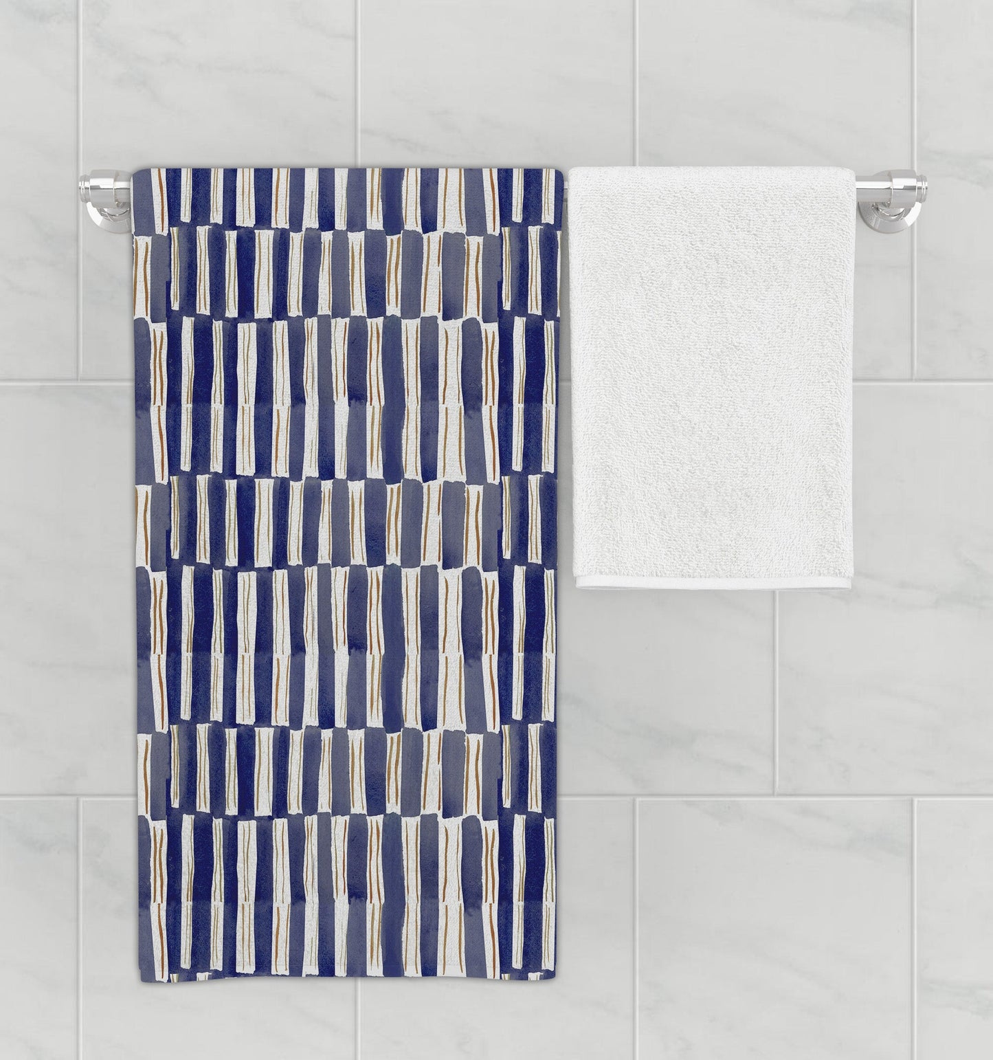 Bathroom rack featuring bath towel with elongated blue and white checkered design.