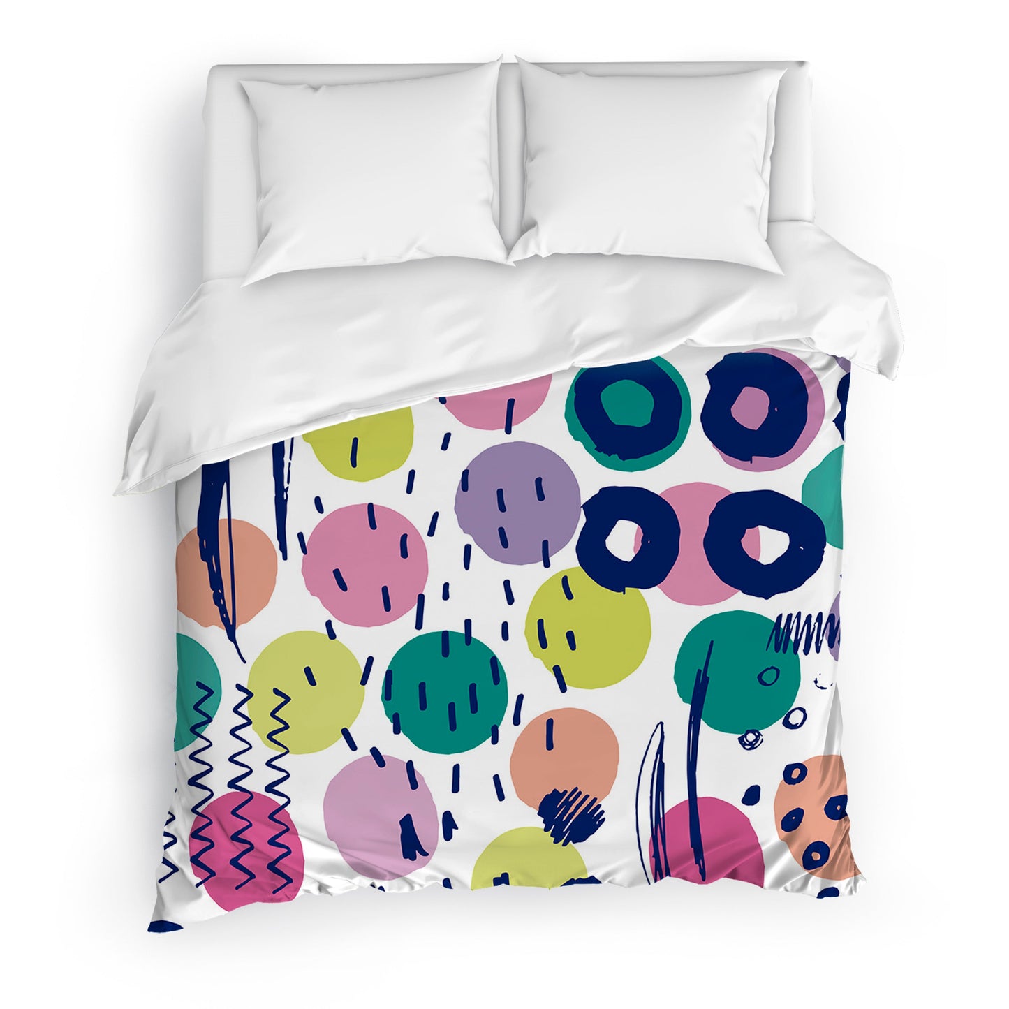 Close up of bed with playful Doodles Duvet Cover.